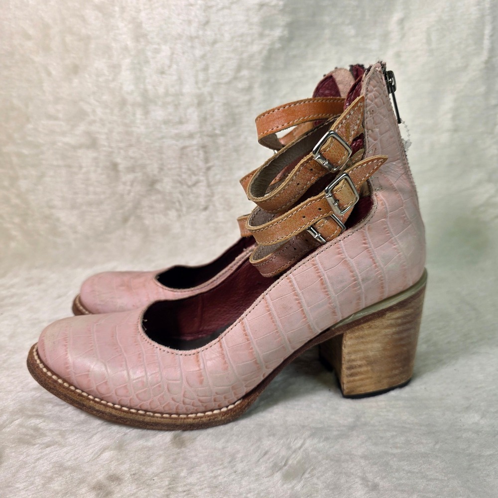 Freebird by Steven Randi Pink Croc Leather Ankle Strappy Boot Heels Womens 9